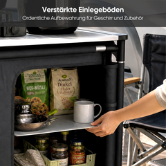 Sekey Campingschrank faltbar mit rollbarer Aluminium-Tischplatte, Campingküche Outdoor 79 × 48 × 96 cm, 6 Fächer, Aluminiumgestell, Camping Tisch mit Stauraum für Wohnmobil, Garten & Festival