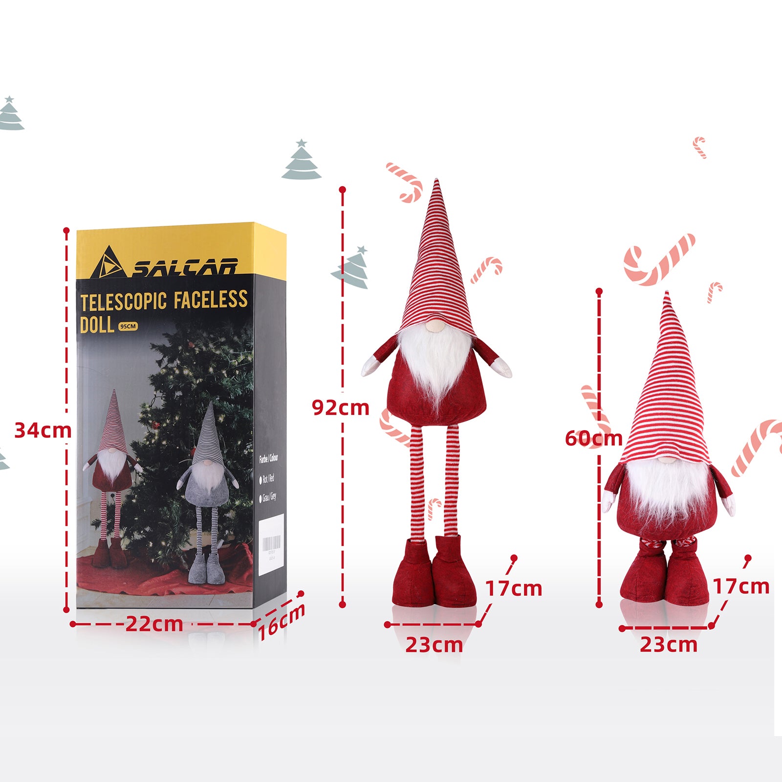SALCAR Weihnachtsdeko Wichtel XL – Großer Deko-Gnom aus Filz, höhenverstellbar von 60–92 cm, Teleskopbeine, perfektes Geschenk zu Weihnachten & Thanksgiving – Rot