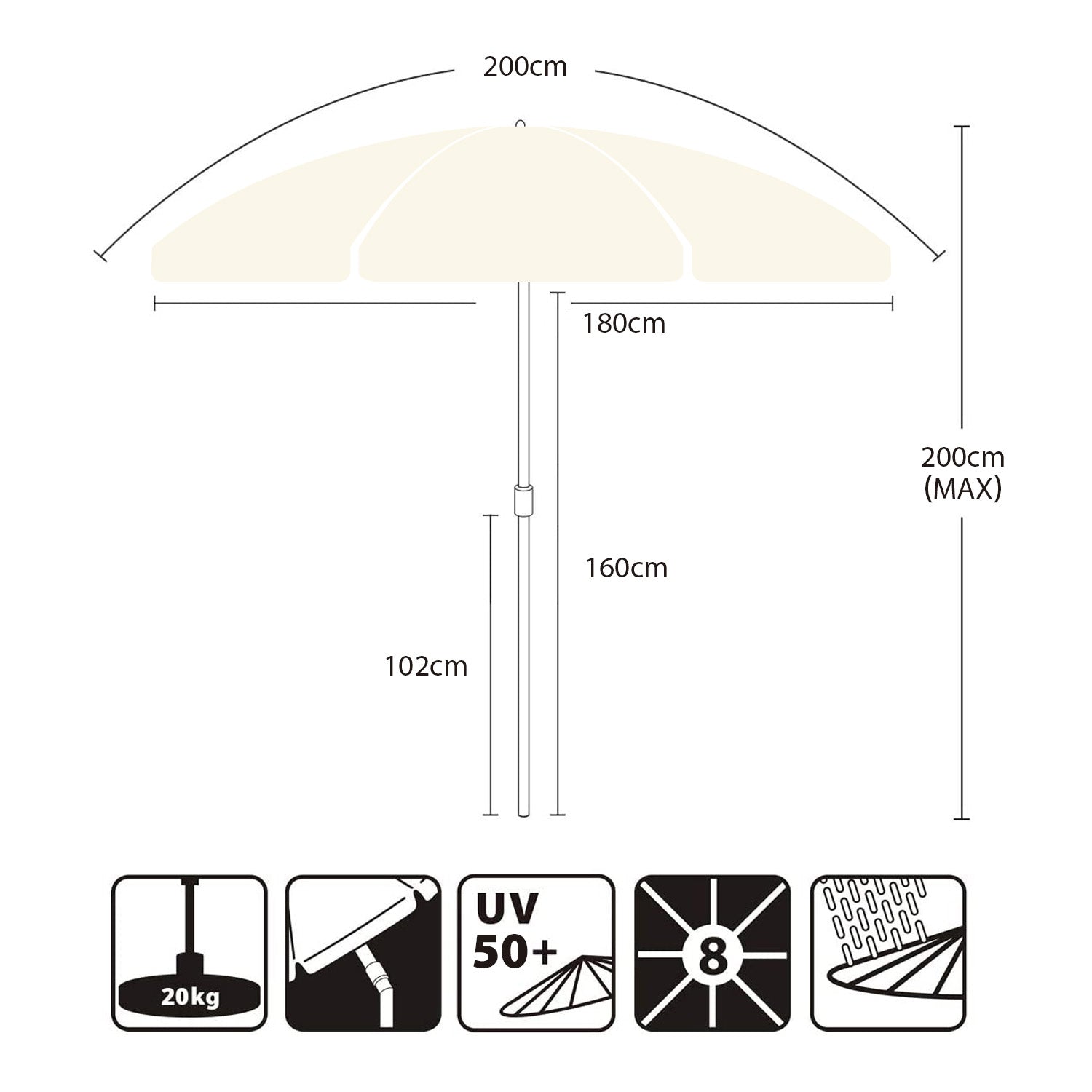 Sekey 200 cm parasol with protective cover, sun protection UV50+