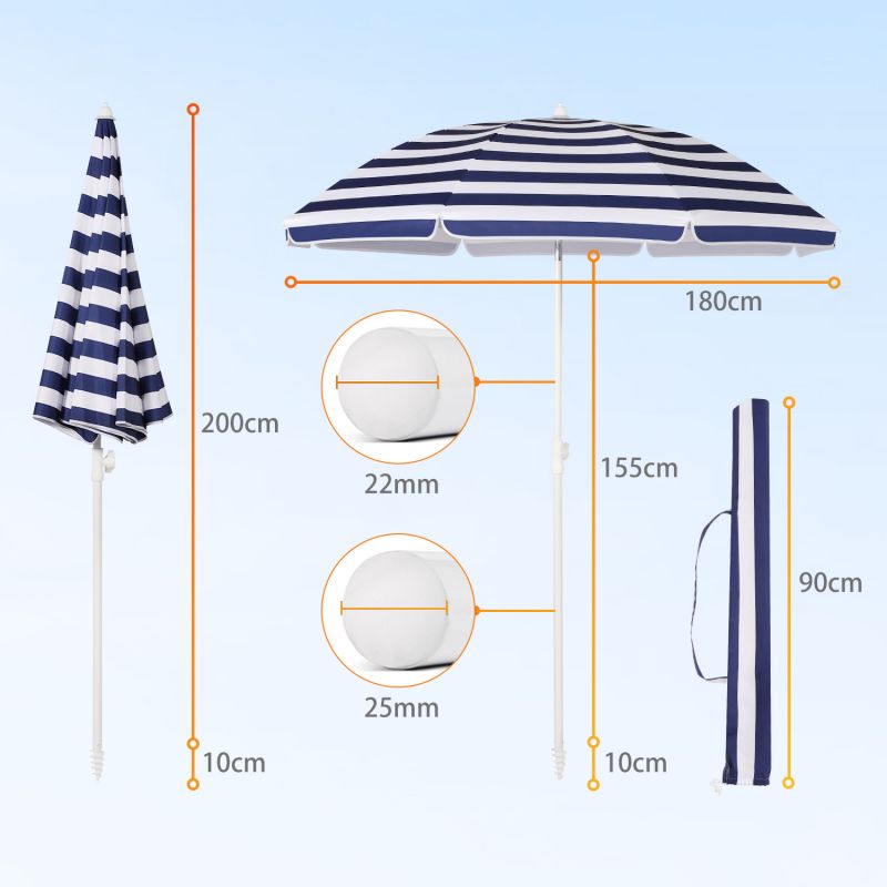 Sekey ∅ 180 cm beach umbrella with protective cover and ground sleeve, sun protection UV50+