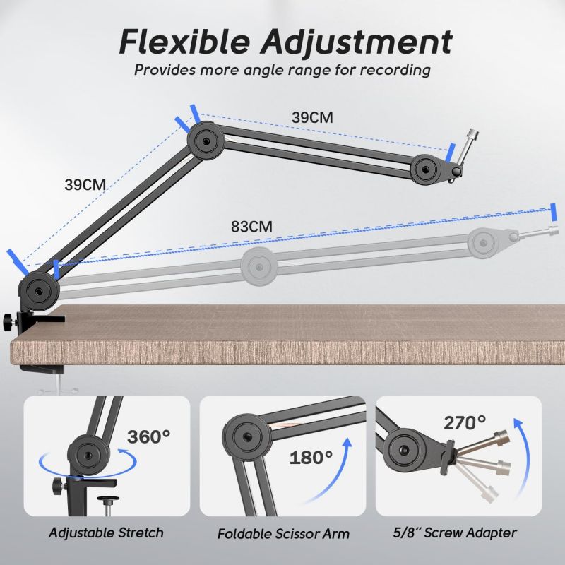 FIFINE 2 kg microphone arm with microphone clip, 3/8" to 5/8" adapter