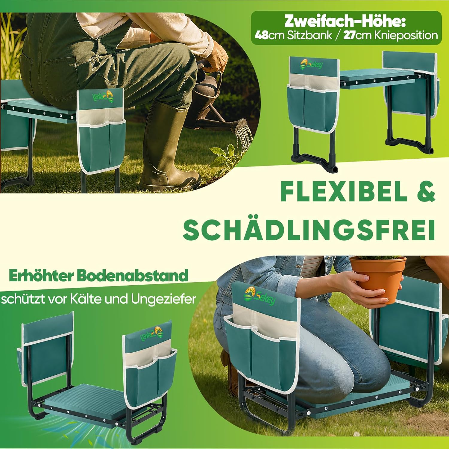 Sekey Höhenverstellbare Kniebank für Gartenarbeit Belastbarkeit 160KG/180KG, Gartenhocker Klappbar mit Werkzeugtaschen, Knie Komfort Garten, Grün
