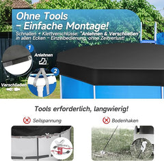 Sekey Poolabdeckung rund, passend für Stahlrahmenpools, reißfest und winddicht, mit verstellbaren Schnallen und Klettverschluss, schwarz