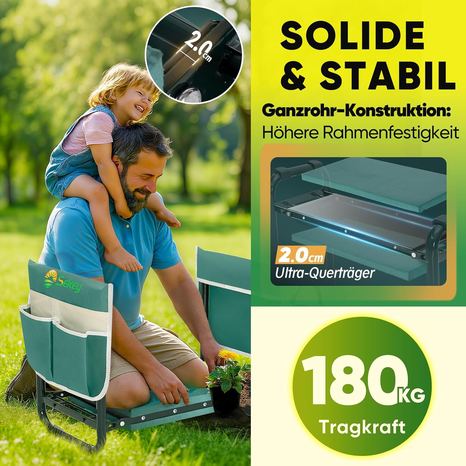 Sekey Höhenverstellbare Kniebank für Gartenarbeit Belastbarkeit 160KG/180KG, Gartenhocker Klappbar mit Werkzeugtaschen, Knie Komfort Garten, Grün