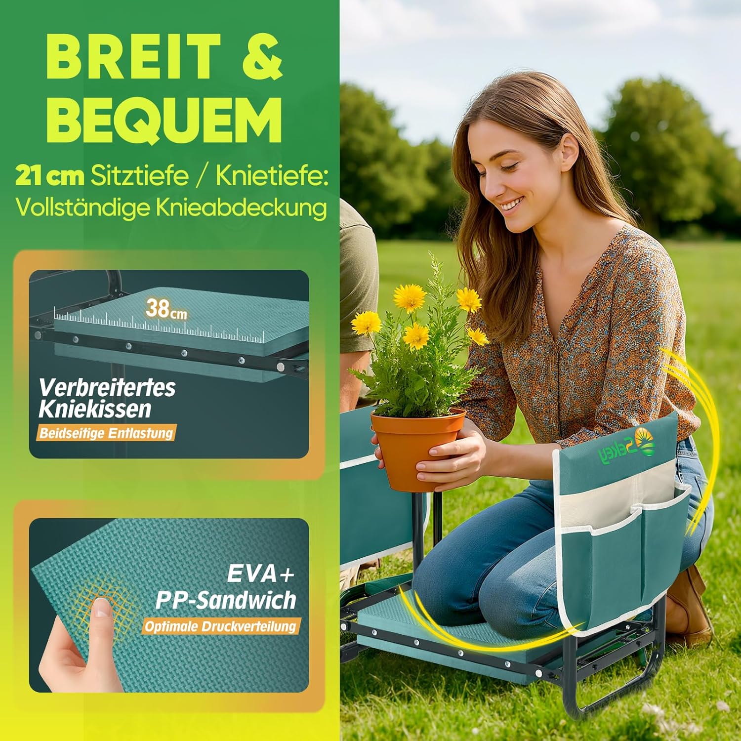 Sekey Höhenverstellbare Kniebank für Gartenarbeit Belastbarkeit 160KG/180KG, Gartenhocker Klappbar mit Werkzeugtaschen, Knie Komfort Garten, Grün