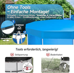 Sekey Poolabdeckung rund, passend für runde Stahlrahmenpools, reißfest und winddicht, mit verstellbaren Schnallen und Klettverschluss, blau