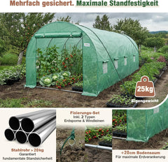 Sekey Winterfestes Foliengewächshaus 4×2×2 m – 8 m² Folientunnel aus verzinktem Stahl, 2 m Stehhöhe, 2 Türen & 8 Fenster, 140 g/m² PE-Folie inkl. Profi-Verankerung