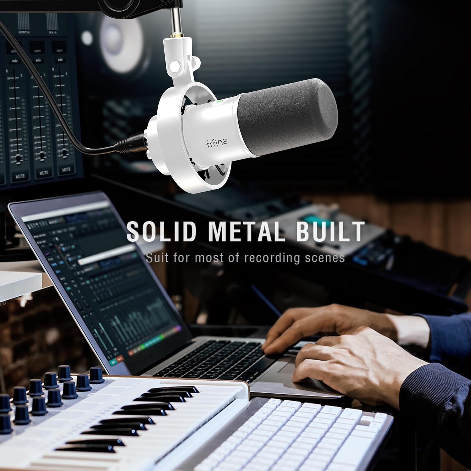 FIFINE USB / XLR Dynamic Microphone with Mute Button and Shock Mount, Headphone Jack