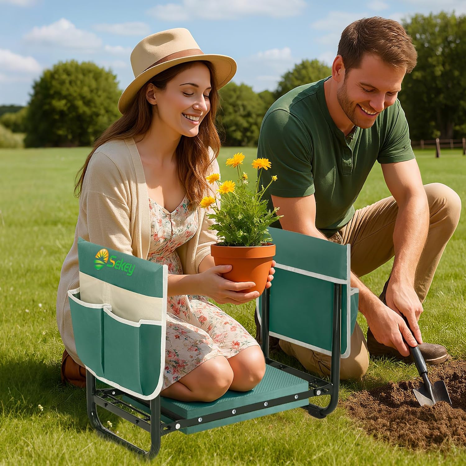 Sekey Höhenverstellbare Kniebank für Gartenarbeit Belastbarkeit 160KG/180KG, Gartenhocker Klappbar mit Werkzeugtaschen, Knie Komfort Garten, Grün