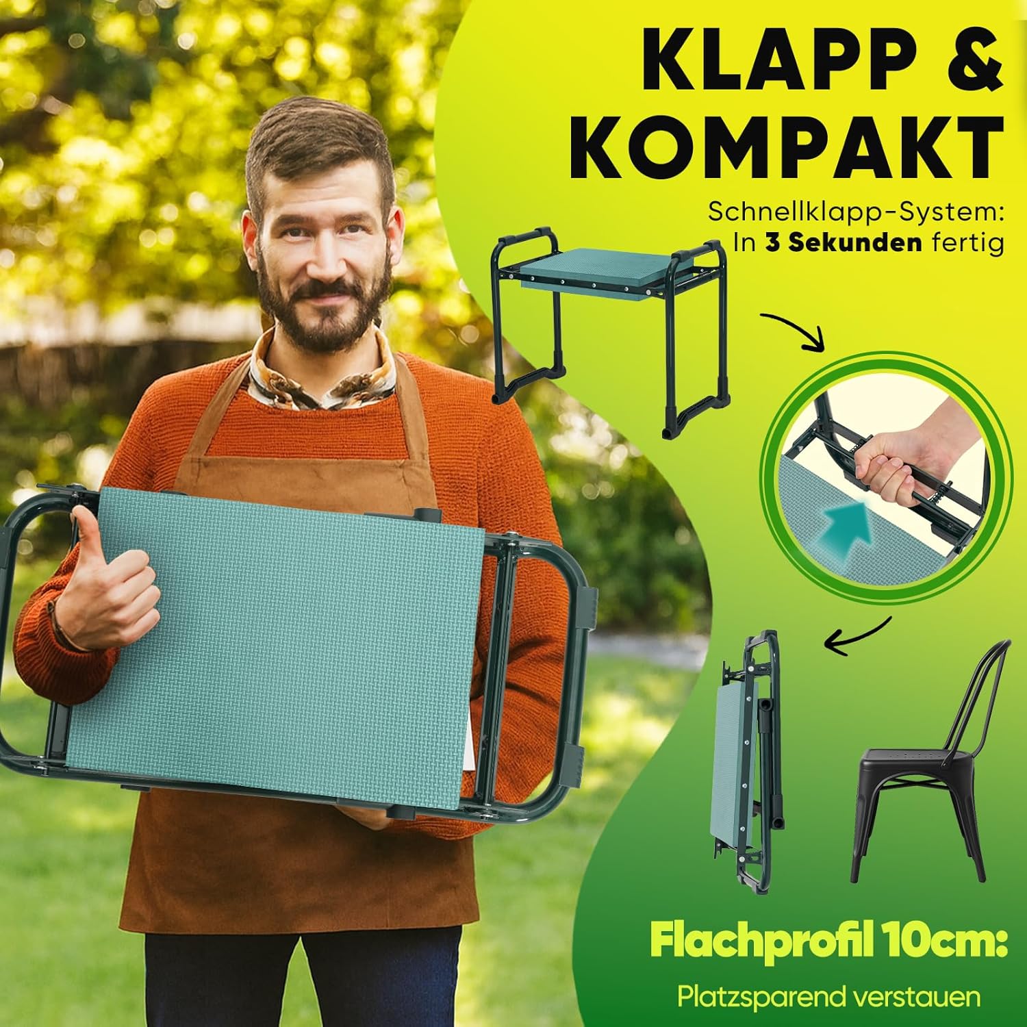 Sekey Höhenverstellbare Kniebank für Gartenarbeit Belastbarkeit 160KG/180KG, Gartenhocker Klappbar mit Werkzeugtaschen, Knie Komfort Garten, Grün