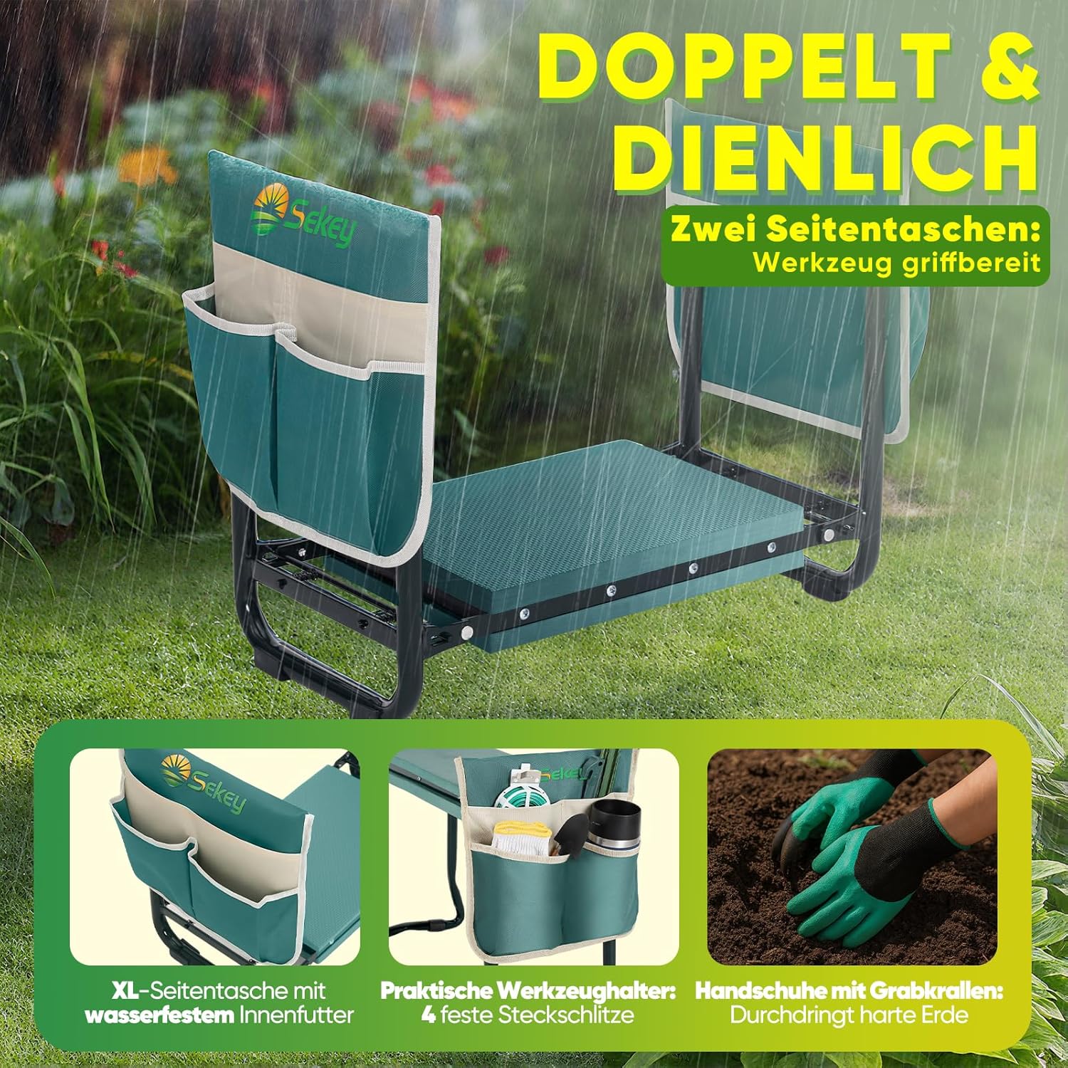 Sekey Höhenverstellbare Kniebank für Gartenarbeit Belastbarkeit 160KG/180KG, Gartenhocker Klappbar mit Werkzeugtaschen, Knie Komfort Garten, Grün