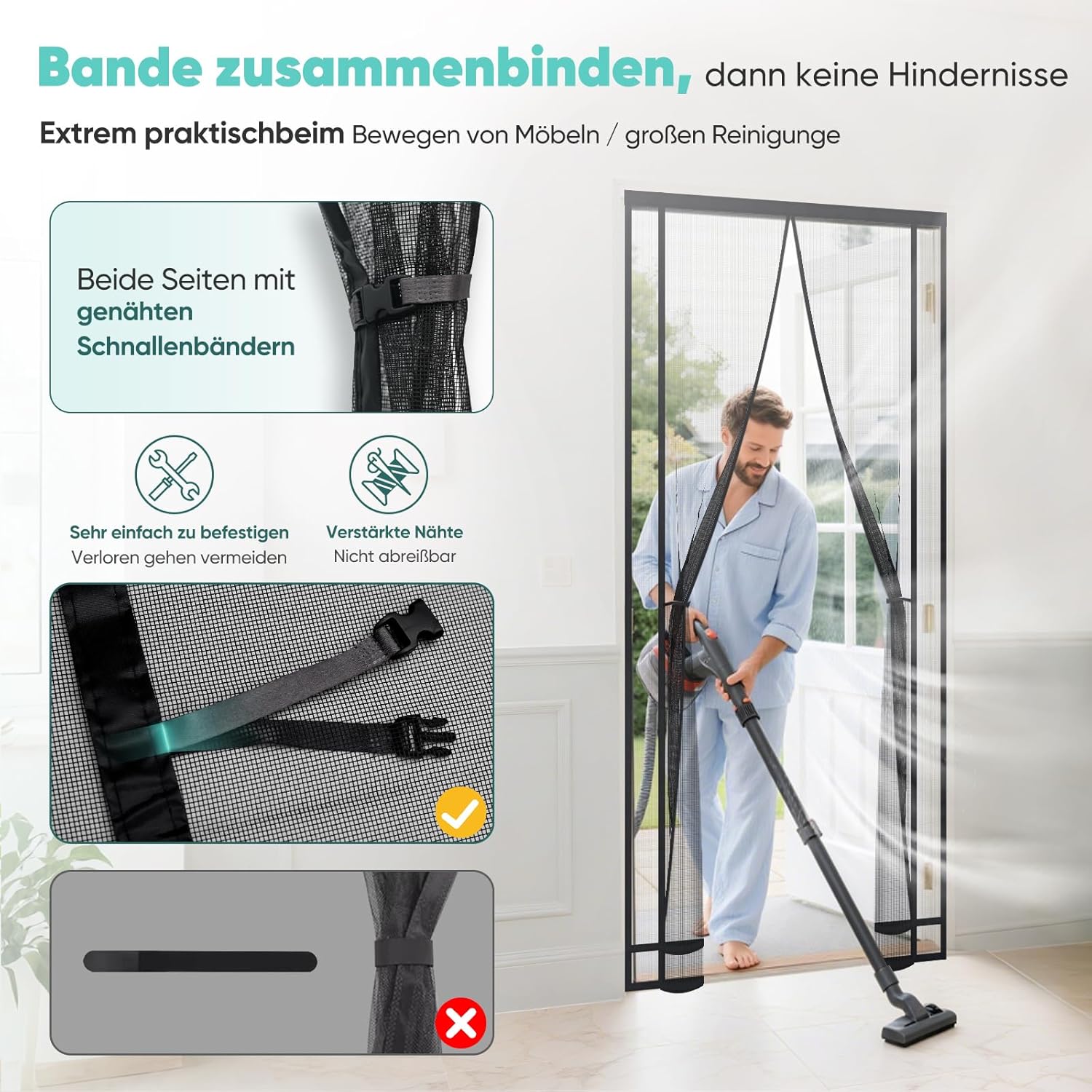 Sekey Magnet Fliegengitter für Balkontür – Zuschneidbar, Insektenschutz ohne Bohren, mit 4 cm Klettband & Doppelnähten, Schwarz – Ideal für Balkon, Terrasse & Schlafzimmer