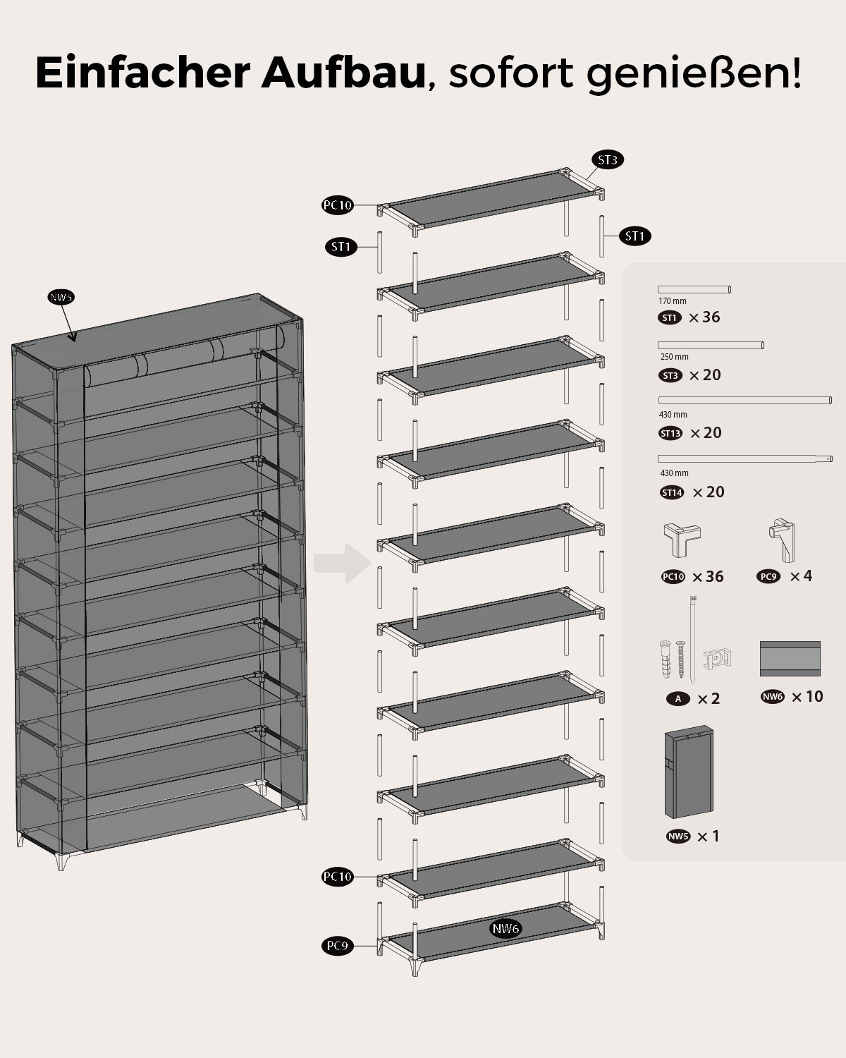 Sekey Schuhschrank mit 9 Ebenen – Multifunktionales Schuhregal mit Staubschutz, 2 Größen wählbar (58 oder 85 cm Breite), anpassbare Ablagen, einfache Montage, Schwarz