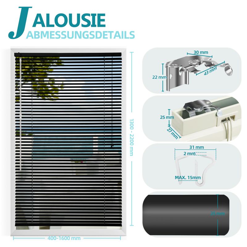 Sekey aluminium blinds without drilling, 25mm aluminium slats, black