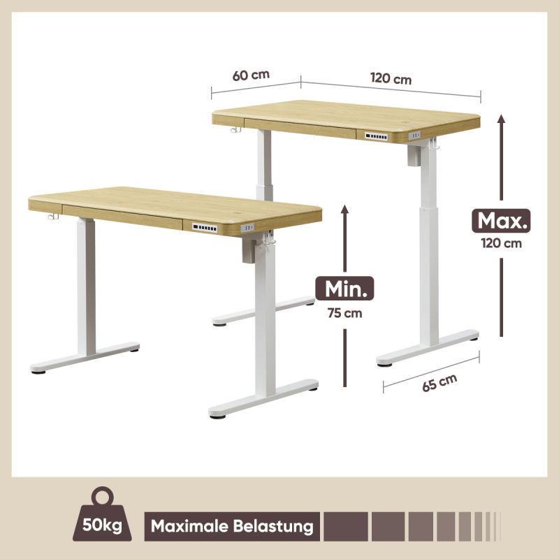 KOWO 120 cm Electric Height Adjustable Desk with Drawers and Wireless Charging, AufMax