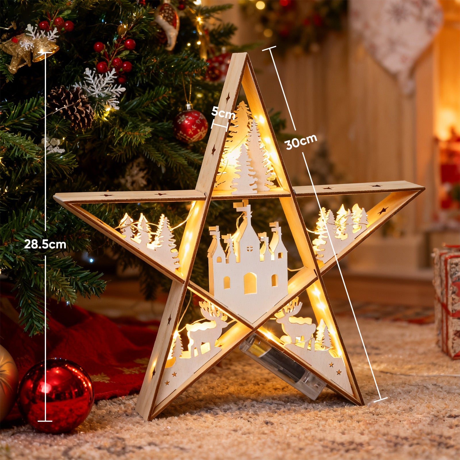 SALCAR LED Stern aus Holz 30 cm – Warmweiß leuchtende Weihnachtsdeko Tischlampe, Batteriebetrieben, Winter- & Adventsdekoration für Tisch & Fenster