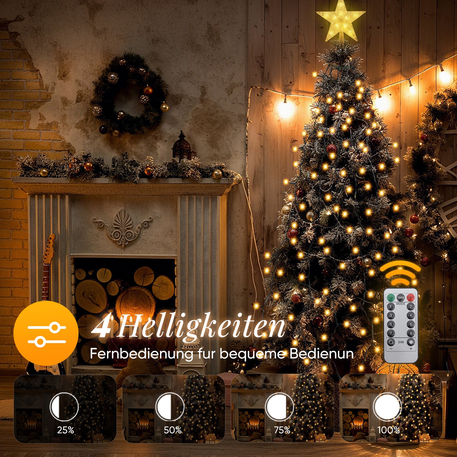 SALCAR Weihnachtsbaum Lichterkette mit Sternspitze & Fernbedienung – 1,5 m (260 LED), 2 m (430 LED) oder 3 m (500 LED) Überwurf Lichterkette, Warmweiß, 8 Modi, Timer, Innen & Außen