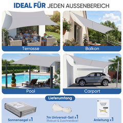 Sunula Sonnensegel wasserdicht Rechteckig – PES 160g/m² mit heißversiegelter Naht, UV-Schutz 95% UPF50+, reißfest & wetterfest mit Edelstahl-D-Ringen für Balkon, Terrasse & Garten (Hellgrau)