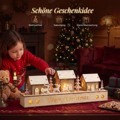 Salcar LED Schwibbogen aus Holz – 43 cm 3D Weihnachtsdorf, 8 LEDs, Batteriebetrieben, Naturholzoptik