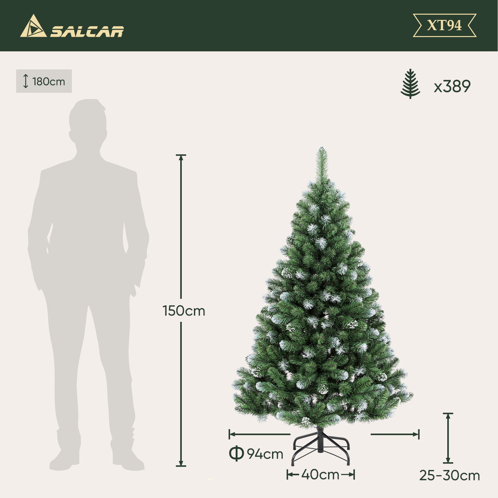 SALCAR Künstlicher Weihnachtsbaum mit Schnee – 120/150/180/210 cm Christbaum, täuschend echt, mit Metallständer, PVC Tannenbaum für Innen & Außen