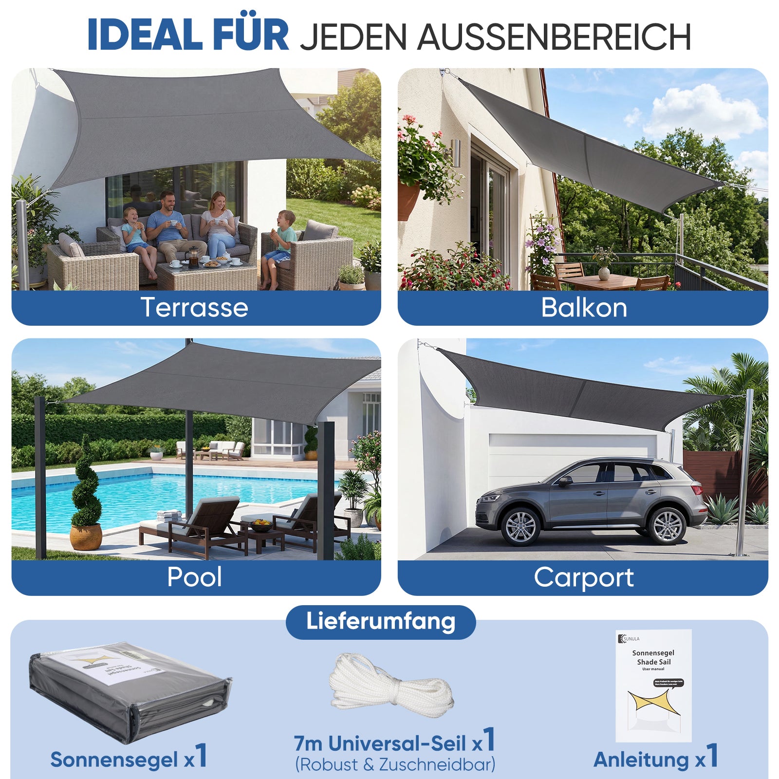Sunula Sonnensegelwasserdicht Rechteckig – PES 160g/m² mit heißversiegelter Naht, UV-Schutz 95% UPF50+, reißfest & wetterfest mit Edelstahl-D-Ringen für Balkon, Terrasse & Garten (Anthrazit) – sekeymall