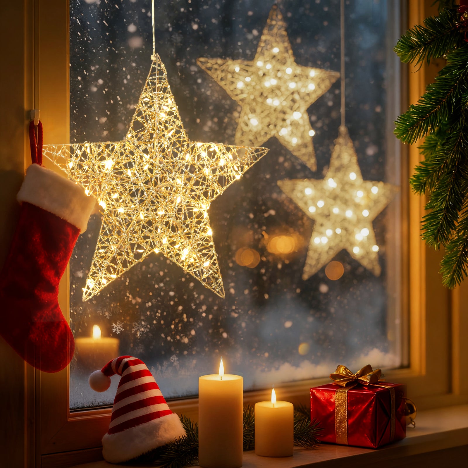 Salcar LED Stern Dekoleuchte Ø30 cm, Gold mit 80 LEDs, Batteriebetrieben, Timer & 8 Modi – Warmweiße Fenster- & Weihnachtsdeko