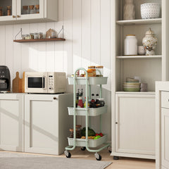 Sekey Rollwagen mit 3 Ebenen – Küchenwagen aus Kunststoff & Edelstahl, rostfest, 360°-Gummiräder mit Bremse, ergonomischem Griff, bis 30 kg belastbar, vielseitiger Servierwagen für Küche, Bad, Büro & mehr – Mintgrün Sekey