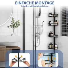 Sekey Duschregal Ohne Bohren – Höhenverstellbares Eck-Duschregal 79–315 cm mit 4 Körben & Klicksystem, Stabiles Teleskop-Dusch-Organizer für Badezimmer