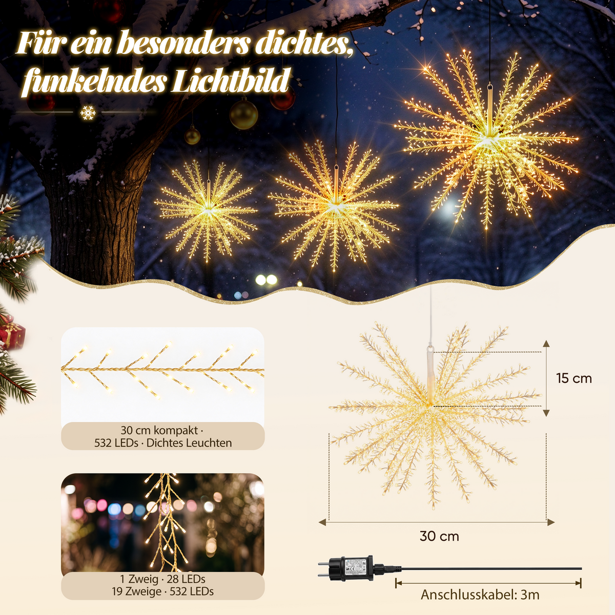 Salcar LED Feuerwerk Lichterkette Warmweiß mit Timer – 30 cm / 60 cm