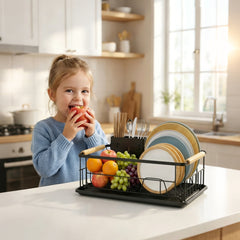 Sekey Abtropfgestell Geschirr mit Holzgriff – Platzsparender Spülen-Organizer mit Besteckablage, Schwarz & Rostfrei, Kompakter Geschirrständer für Küche