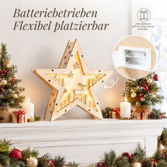 Salcar LED Weihnachtsstern aus Holz – 30 cm, 10 LEDs, Warmweiß, Glitzereffekt, Batteriebetrieb