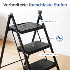 Sekey Klappbare Trittleiter 2/3/4 Stufen – Stahlrahmen, rutschfeste Trittflächen, TÜV & SGS geprüft, bis 150 kg belastbar, Schwarz