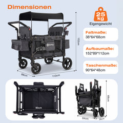 Sekey Kinder-Bollerwagen 7070, faltbar, mit Zwillingsmodus Face-to-Face & Back-to-Back, 80 kg Tragkraft, 5-Punkt-Gurt, 4-Rad-Federung, Sonnendach, Kühltasche & Getränkehalter  Produktbeschreibung