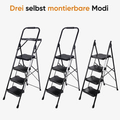 Sekey Trittleiter 4 Stufen klappbar mit Handlauf & Werkzeugablage – rutschfest, stabile Stahlkonstruktion, bis 150 kg belastbar
