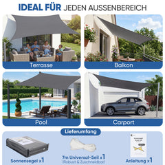 Sunula Sonnensegel 2x3m wasserdicht ohne Mittelnaht – PES 160g/m², UV-Schutz 95% UPF50+, reißfest & wetterfest mit Lotus-Effekt, Rechteckig für Balkon, Terrasse & Garten (Anthrazit)