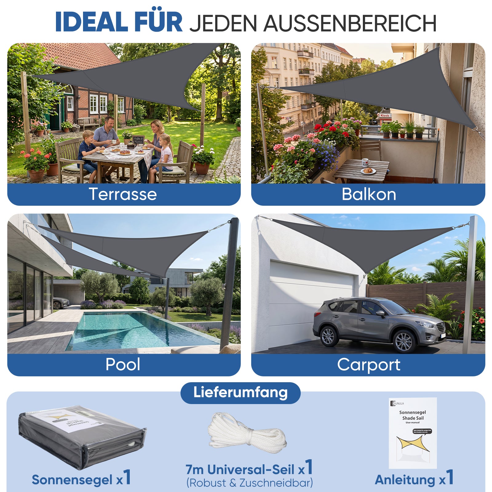 Sunula Sonnensegel 3x3x3m wasserdicht Dreieckig – PES 160g/m² mit heiß – sekeymall
