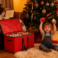 Salcar Rote Aufbewahrungsbox für 128 Weihnachtskugeln – Faltbare Christbaumkugel-Box 64,8×32,3×34,2 cm mit 128 Fächern, Tragegriffen & Doppelreißverschluss