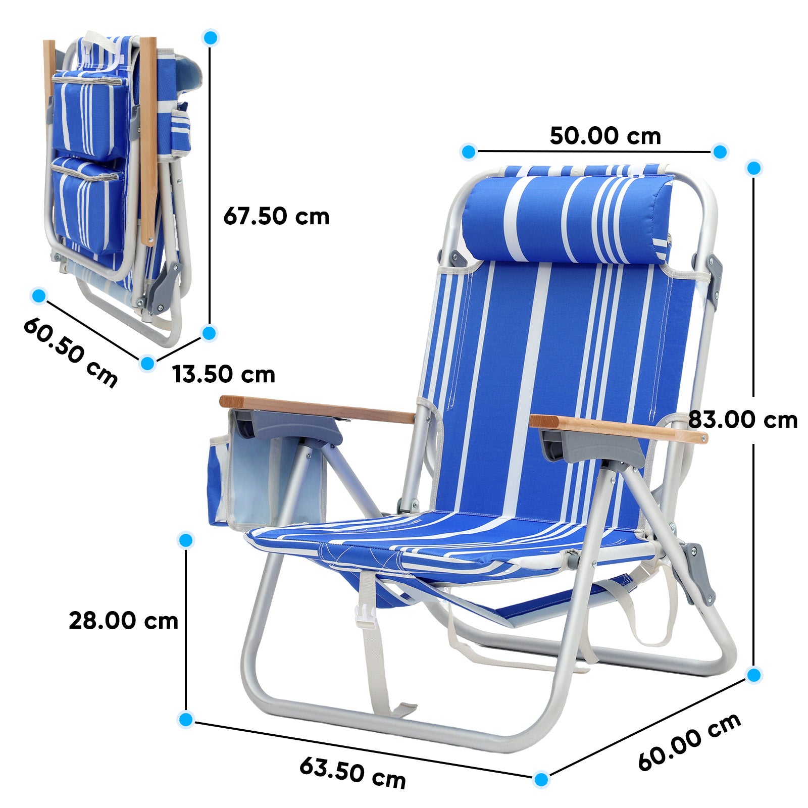 Faltbarer Aluminium-Strandstuhl mit verstellbarer Rückenlehne & Teakholz-Armlehnen – mit Kühltasche & Zubehör