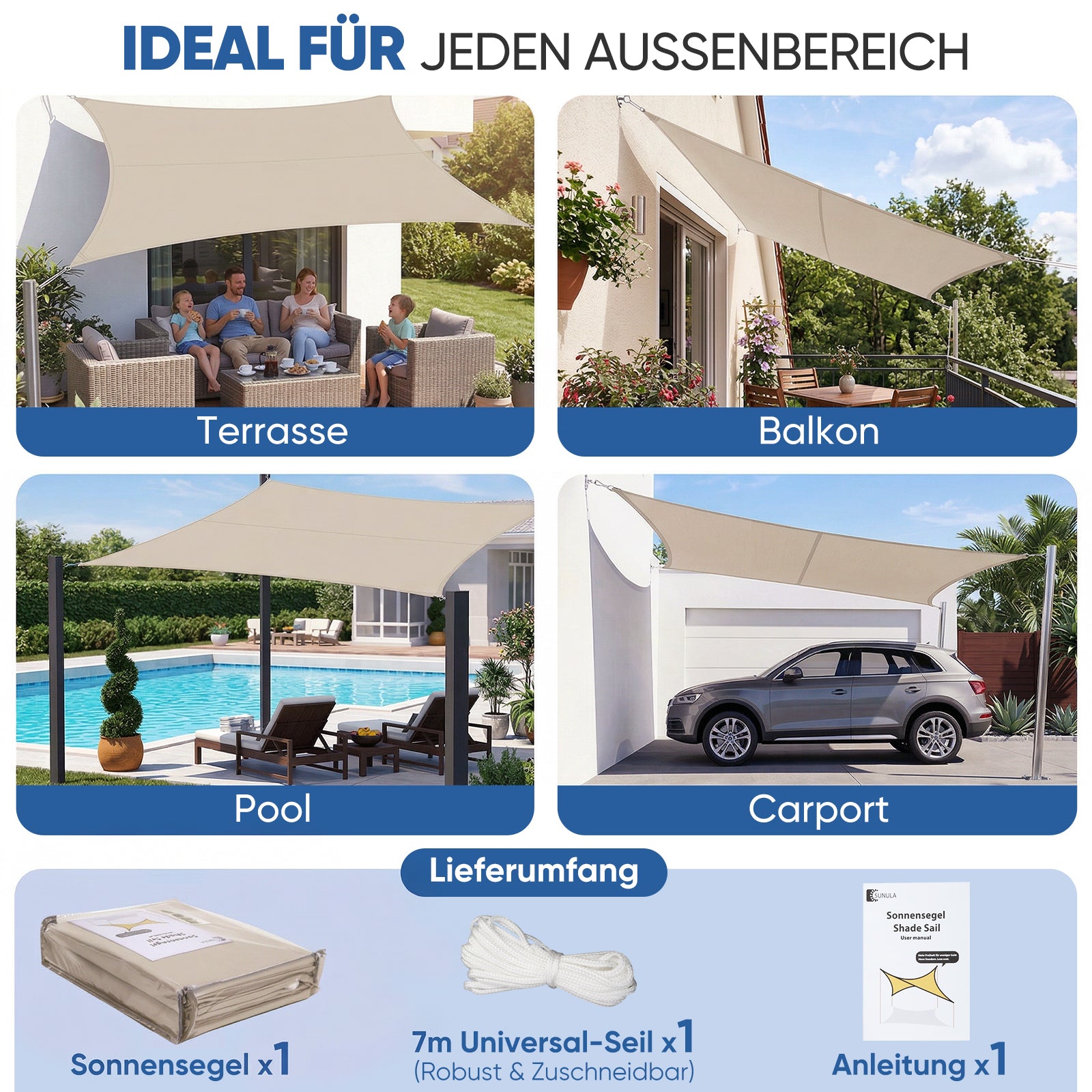 sonnensegel uv schutz und wasserdicht Sunula Sonnensegel wasserdicht Quadratisch – PES 160g/m² mit heißversi – sekeymall