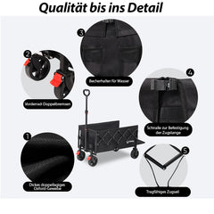 Sunula Folding Wagon 3025 with Extended Loading Area, 150 kg Load Capacity, Extra Long, with Brake, Cup Holders &amp; All-Terrain Tires – For Beach, Camping, Garden, Shopping