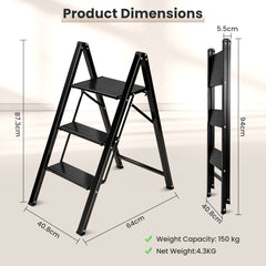 Sekey Klapptrittleiter 2 & 3 Stufen – Rutschfeste Trittleiter mit Stahlrahmen & Aluminiumstufen, TÜV & SGS geprüft, bis 150 kg, Schwarz
