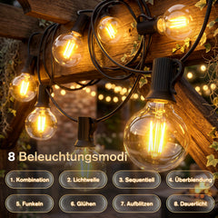 Warmweiße G40 Solar Lichterkette mit 8 Beleuchtungsmodi und 4 Helligkeitsstufen