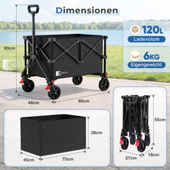Sunula K2 Bollerwagen 120 L – Faltbarer Handwagen mit 80 kg Tragkraft, 360°-Rädern & Bremse, 4-seitig klappbar  Produktbeschreibung