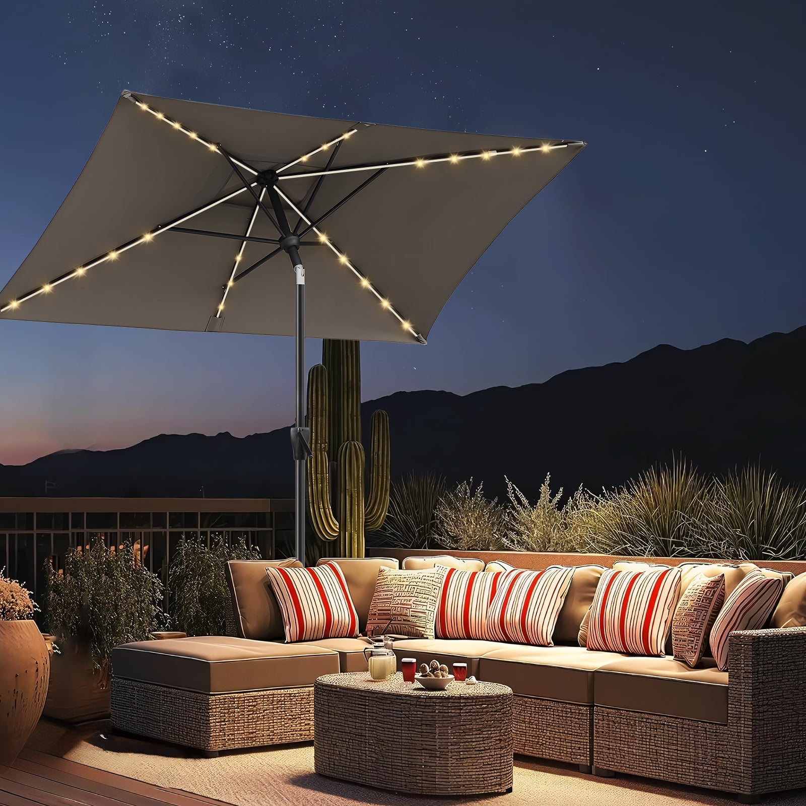 Solar-Regenschirm-Lichterkette 104 LEDs – 8 Modi, Wasserdicht IP67, Für Terrasse, Garten, Camping (warmweiß)