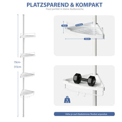 Sekey Duschregal Ohne Bohren Weiß – Höhenverstellbares Eck-Duschregal 79–315 cm mit 4 Kunststoff-Körben, Stabiles Teleskop-Dusch-Organizer für Badezimmer