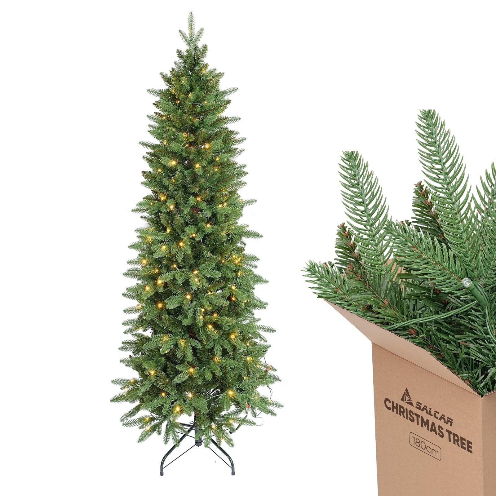 SALCAR Schmaler Kunst-Weihnachtsbaum 180 cm – Realistischer Pencil Christbaum mit warmweißen LEDs, grüner Tannenbaum aus PE & PVC