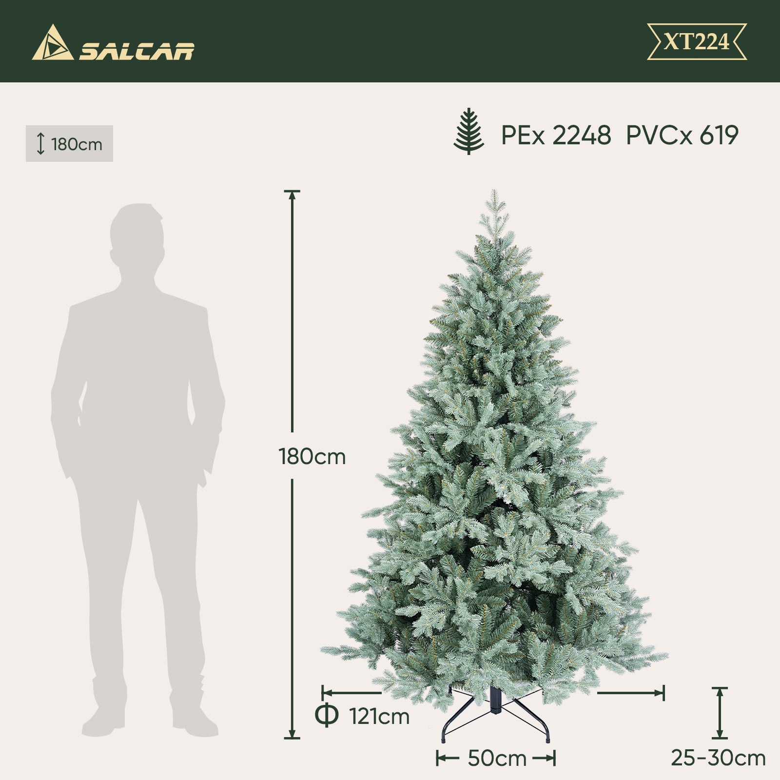 SALCAR Künstlicher Weihnachtsbaum aus PE & unsichtbaren PVC-Spitzen – Natürliche graugrüne Tanne mit Schnellaufbau-Klappsystem & stabilem Metallständer (150 cm / 180 cm / 210 cm)