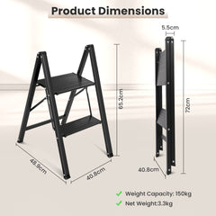 Sekey Klapptrittleiter 2 & 3 Stufen – Rutschfeste Trittleiter mit Stahlrahmen & Aluminiumstufen, TÜV & SGS geprüft, bis 150 kg, Schwarz