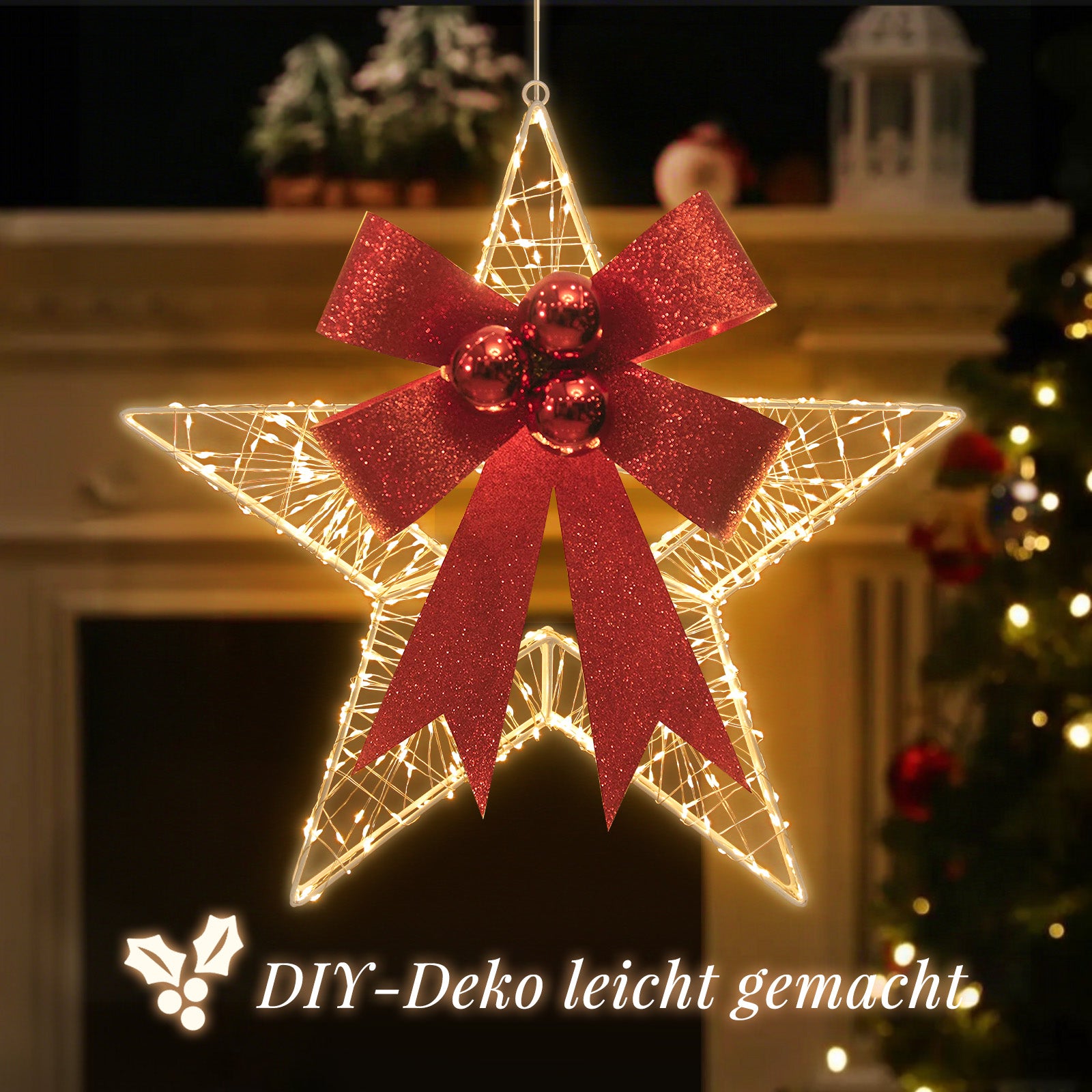 SALCAR LED Weihnachtsstern 55 Cm – Beleuchteter Papierstern Mit E14 Lampe, 3D-Leuchtstern Auf Eisensockel, Weiß, Für Fenster & Tisch 3D Leuchtstern Mit Fuß