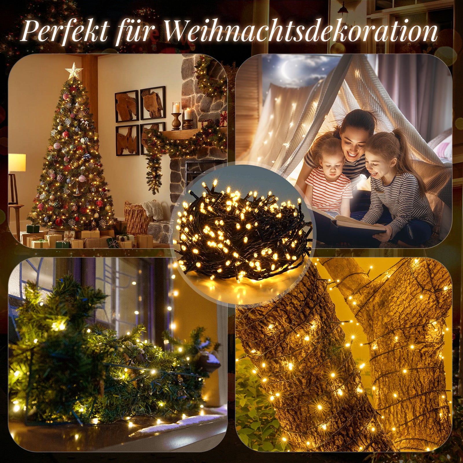 SALCAR LED Lichterkette Außen – 10m/15m/20m, 150–300 LEDs, Wasserdicht, 9 Modi, Timer & Memory, Stufenlos dimmbar, 4 Farbtemperaturen (2800K–1800K), für Garten, Balkon, Party, Weihnachtsbaum